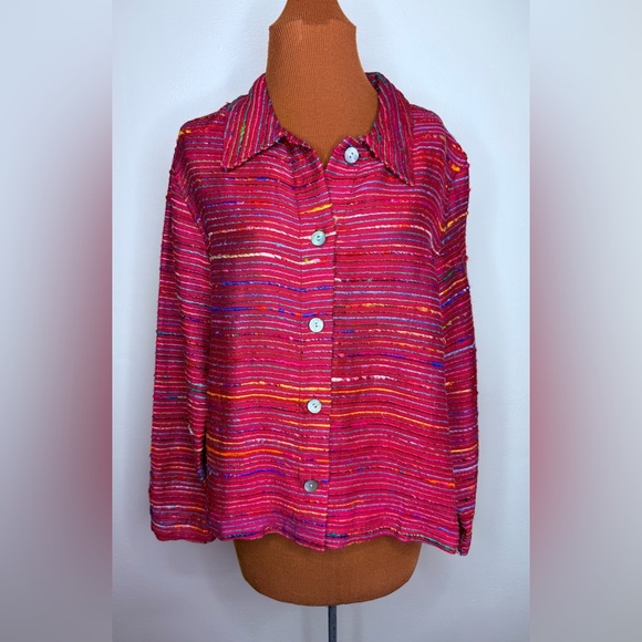 Coldwater Creek Cranberry Vibrant Multicolor Silk Striped Top Size Medium - Picture 1 of 6
